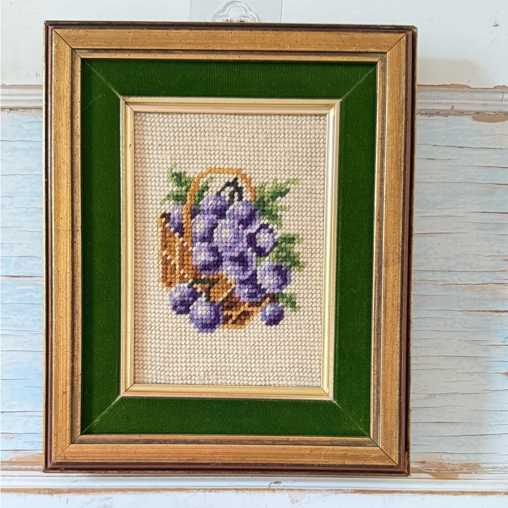 Vintage Bird & Grapes Needlepoint Framed Artwork, Set of 3, Wood Frames - Picture 4 of 7
